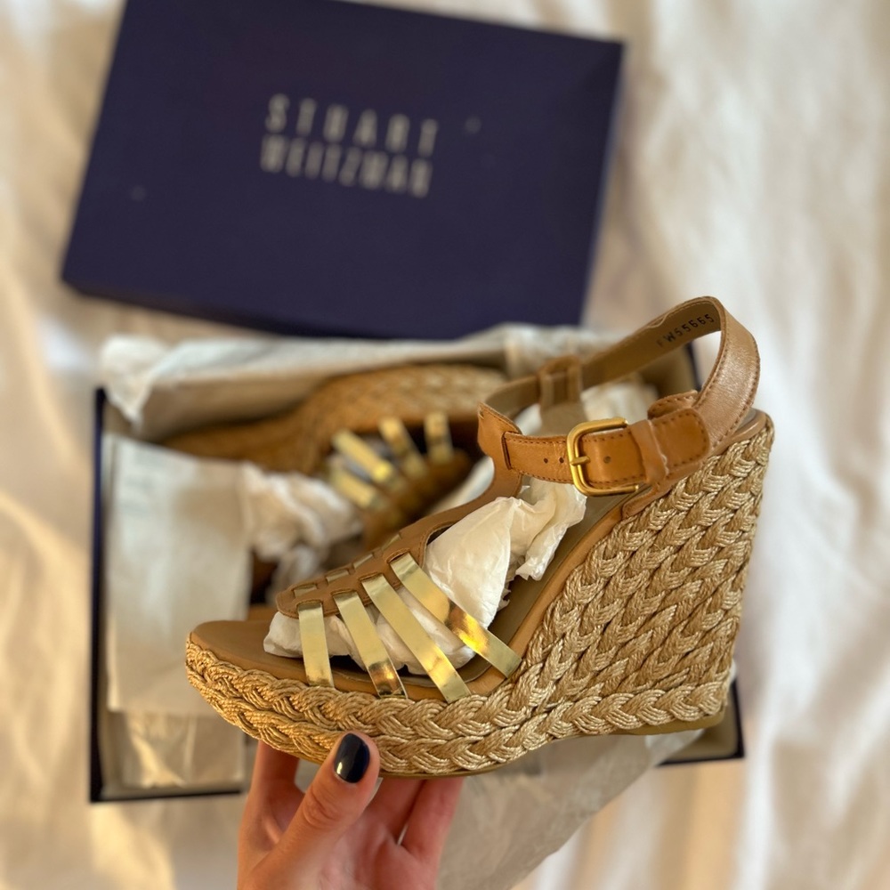 Stuart Weitzman Almond Butter Calf Gold Wedge
